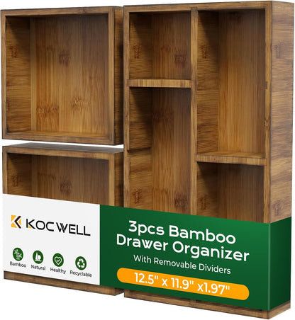 Bamboo Desk Drawer Organizer with Removable Dividers,Multi-Use Office Drawer Organizer Tray,Junk Drawer Organizers for Office,School,Kitchen,Makeup Supply（Original）