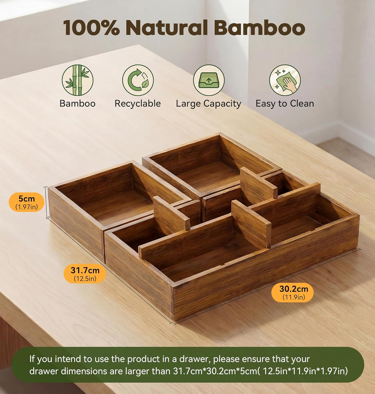 Bamboo Desk Drawer Organizer with Removable Dividers,Multi-Use Office Drawer Organizer Tray,Junk Drawer Organizers for Office,School,Kitchen,Makeup Supply（Original）