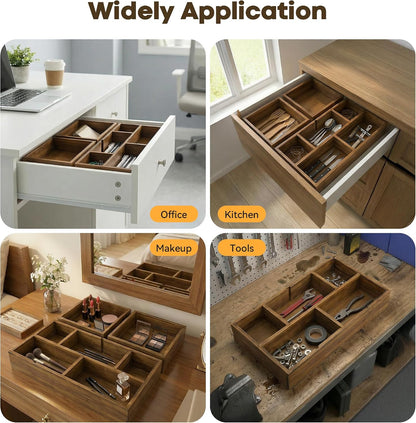 Bamboo Desk Drawer Organizer with Removable Dividers,Multi-Use Office Drawer Organizer Tray,Junk Drawer Organizers for Office,School,Kitchen,Makeup Supply（Original）