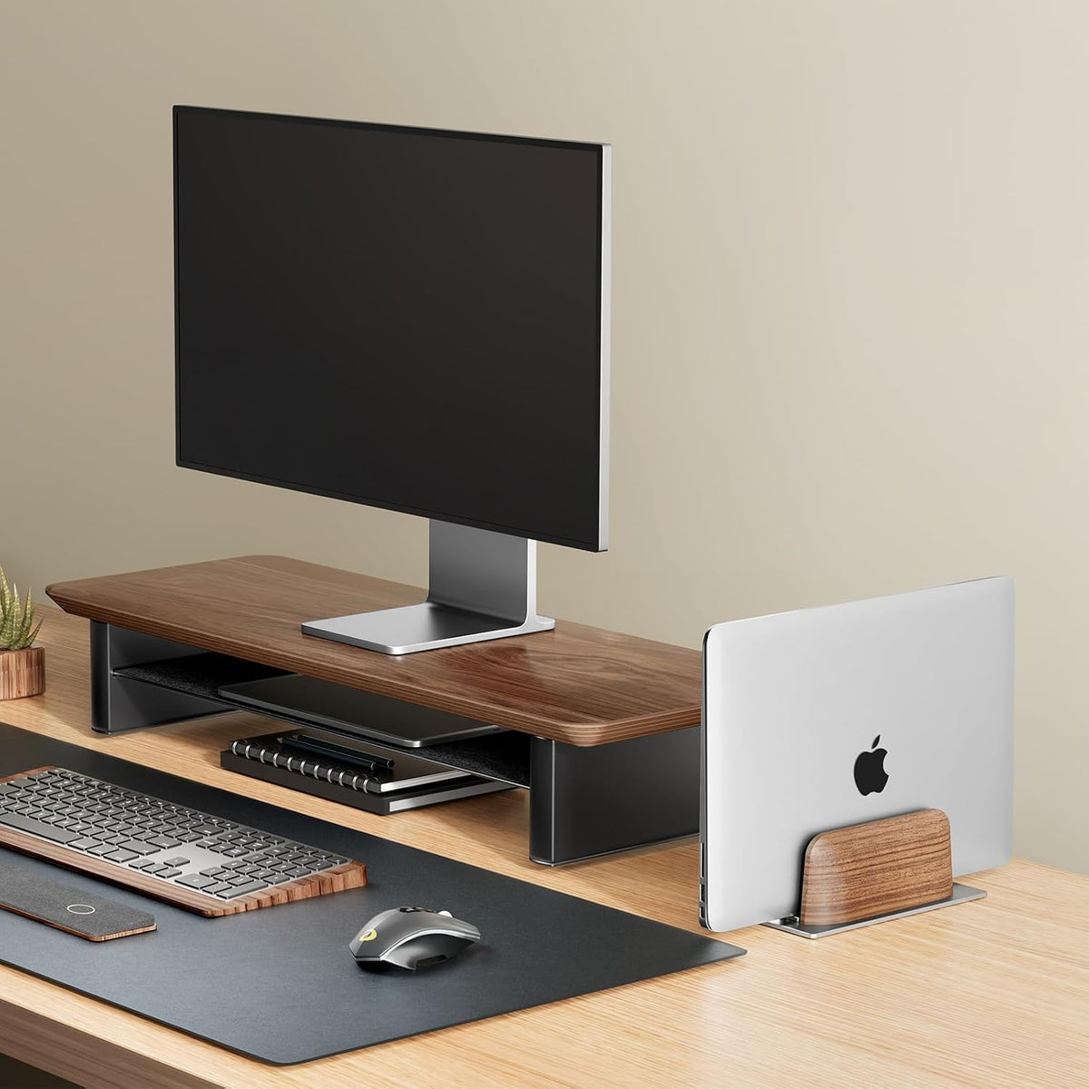 Vertical Laptop Stand, Minimalist Wood Holder for MacBook, Walnut