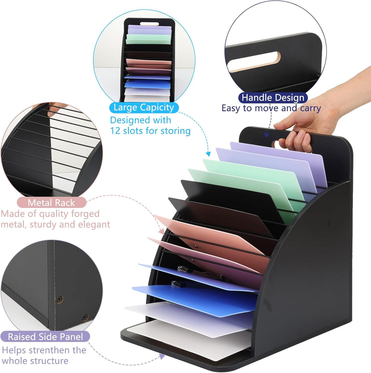 Clipboard Holder Wooden Storage Clipboard Holder Rack - with Raised Side Panel Black Clip board Organizer - for Classroom Office School Teacher Organizing (Clip Boards Not Included)