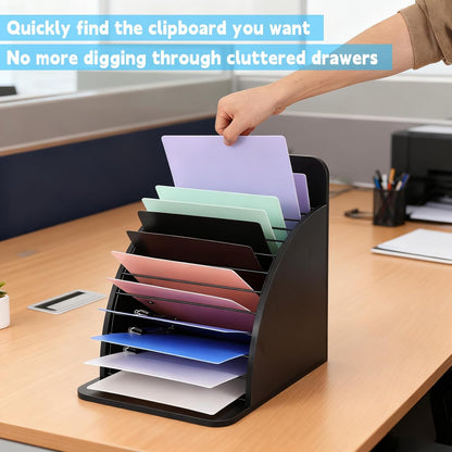 Clipboard Holder Wooden Storage Clipboard Holder Rack - with Raised Side Panel Black Clip board Organizer - for Classroom Office School Teacher Organizing (Clip Boards Not Included)