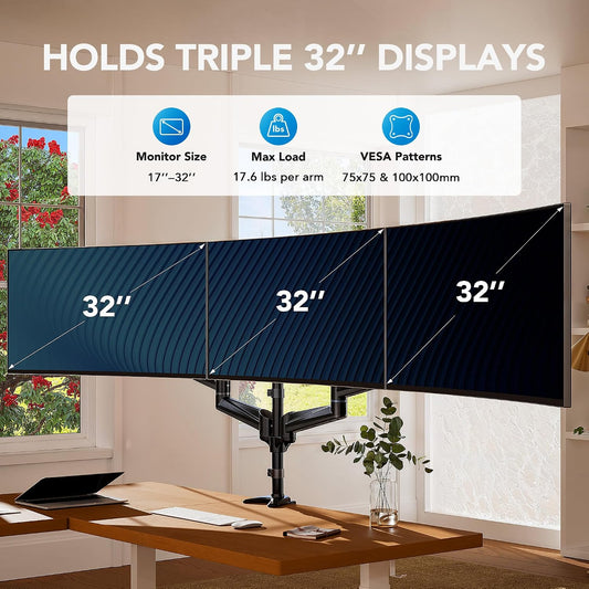Triple Monitor Mount for 17 to 32 inch Screens, Adjustment Gaming Triple Monitor Stand with Swivel, Tilt, Rotation, Clamp & Grommet Kit