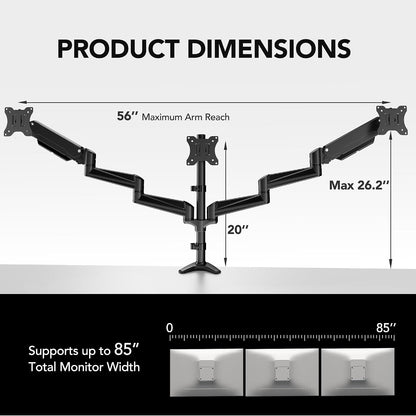 Triple Monitor Mount for 17 to 32 inch Screens, Adjustment Gaming Triple Monitor Stand with Swivel, Tilt, Rotation, Clamp & Grommet Kit