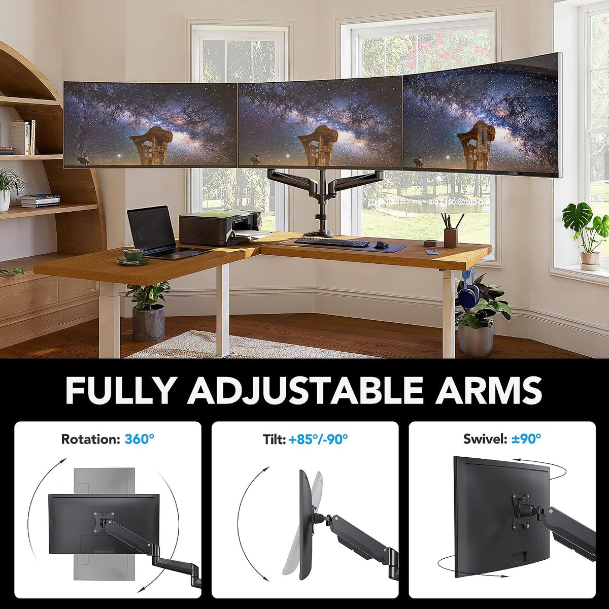 Triple Monitor Mount for 17 to 32 inch Screens, Adjustment Gaming Triple Monitor Stand with Swivel, Tilt, Rotation, Clamp & Grommet Kit