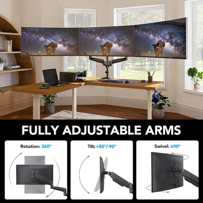 Triple Monitor Mount for 17 to 32 inch Screens, Adjustment Gaming Triple Monitor Stand with Swivel, Tilt, Rotation, Clamp & Grommet Kit