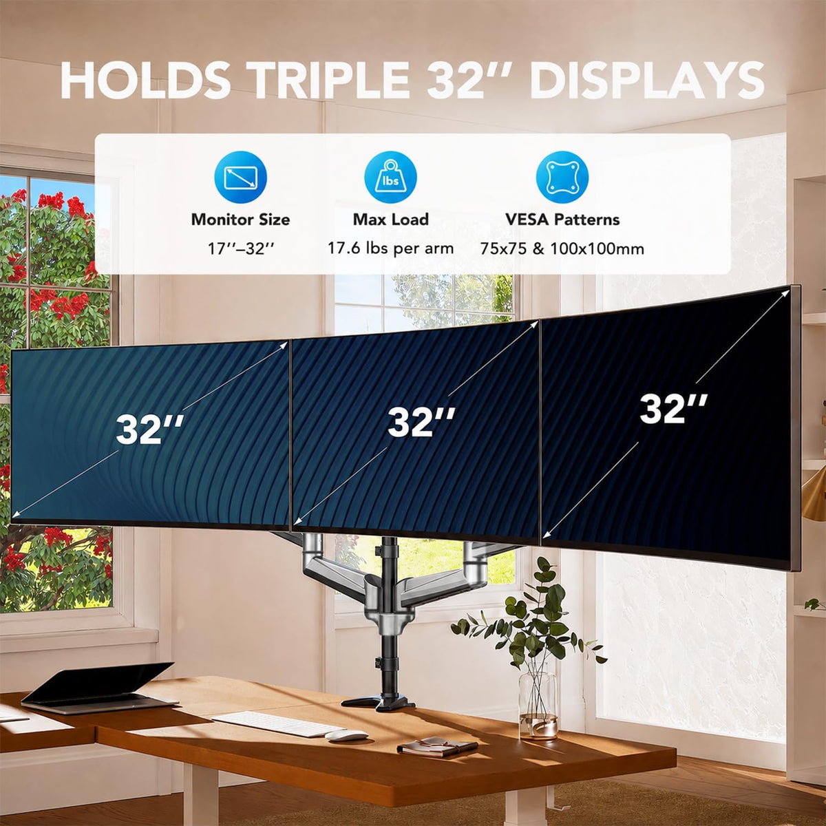 Triple Monitor Mount for 17 to 32 inch Screens, Adjustment Gaming Triple Monitor Stand with Swivel, Tilt, Rotation, Clamp & Grommet Kit