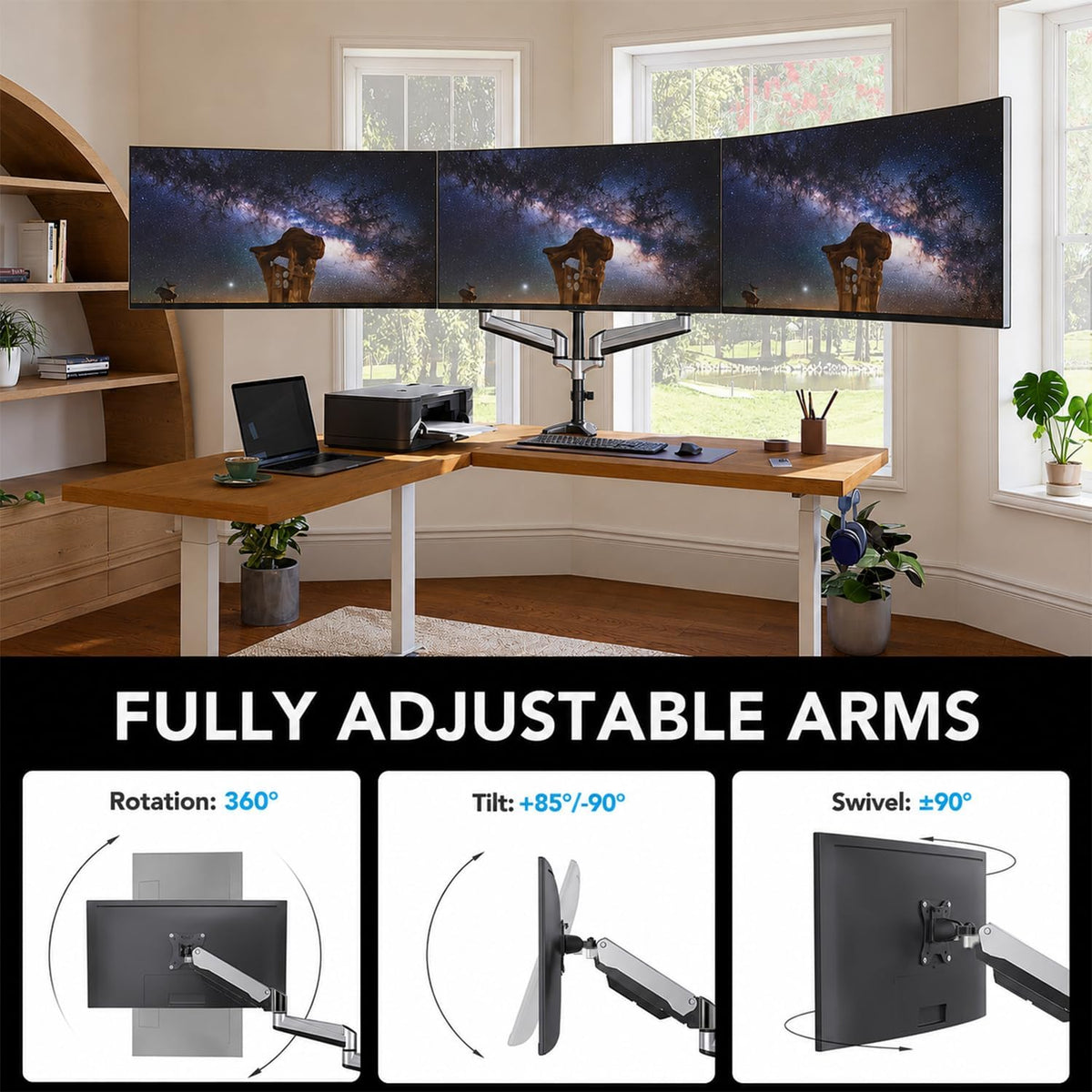Triple Monitor Mount for 17 to 32 inch Screens, Adjustment Gaming Triple Monitor Stand with Swivel, Tilt, Rotation, Clamp & Grommet Kit