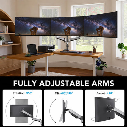 Triple Monitor Mount for 17 to 32 inch Screens, Adjustment Gaming Triple Monitor Stand with Swivel, Tilt, Rotation, Clamp & Grommet Kit
