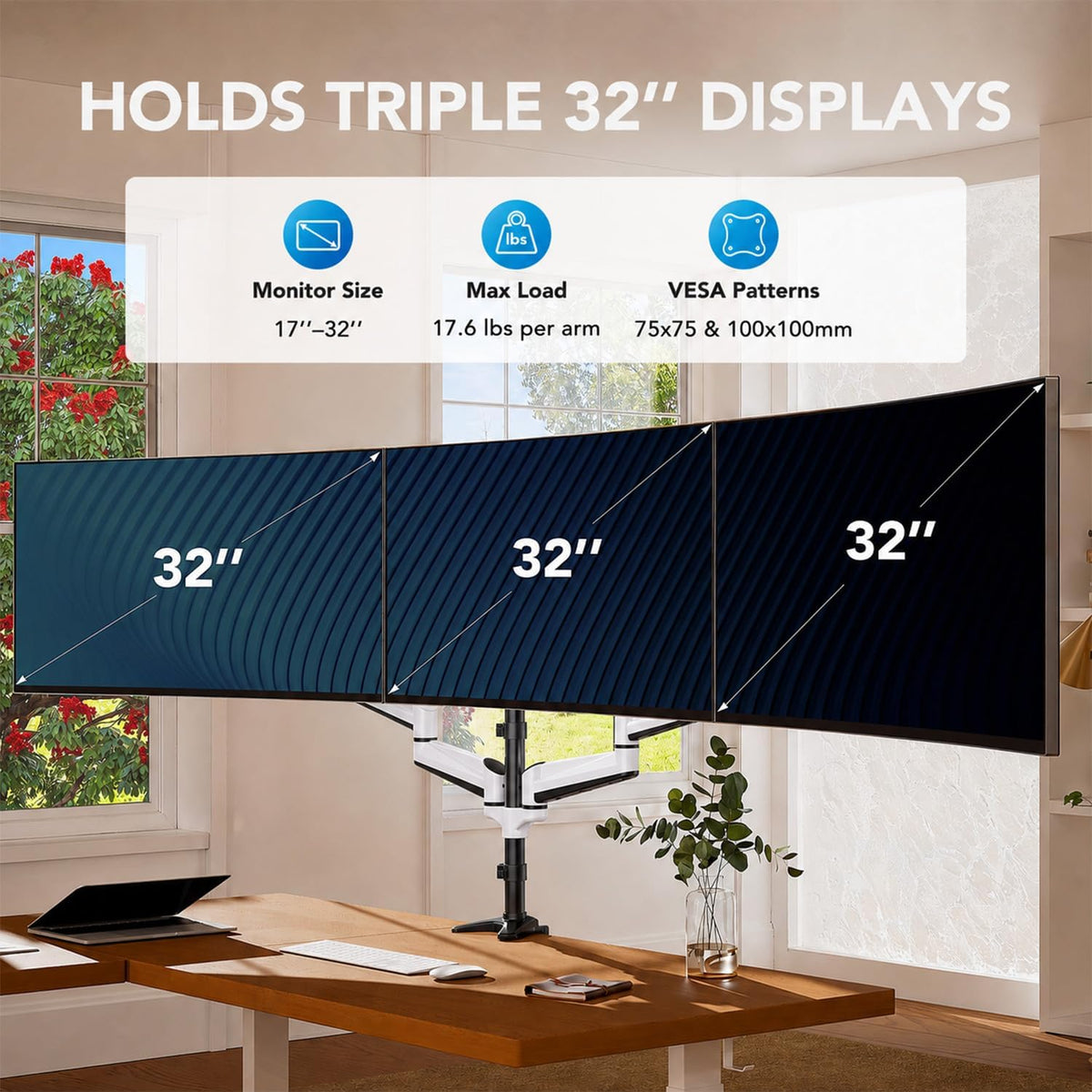 Triple Monitor Mount for 17 to 32 inch Screens, Adjustment Gaming Triple Monitor Stand with Swivel, Tilt, Rotation, Clamp & Grommet Kit