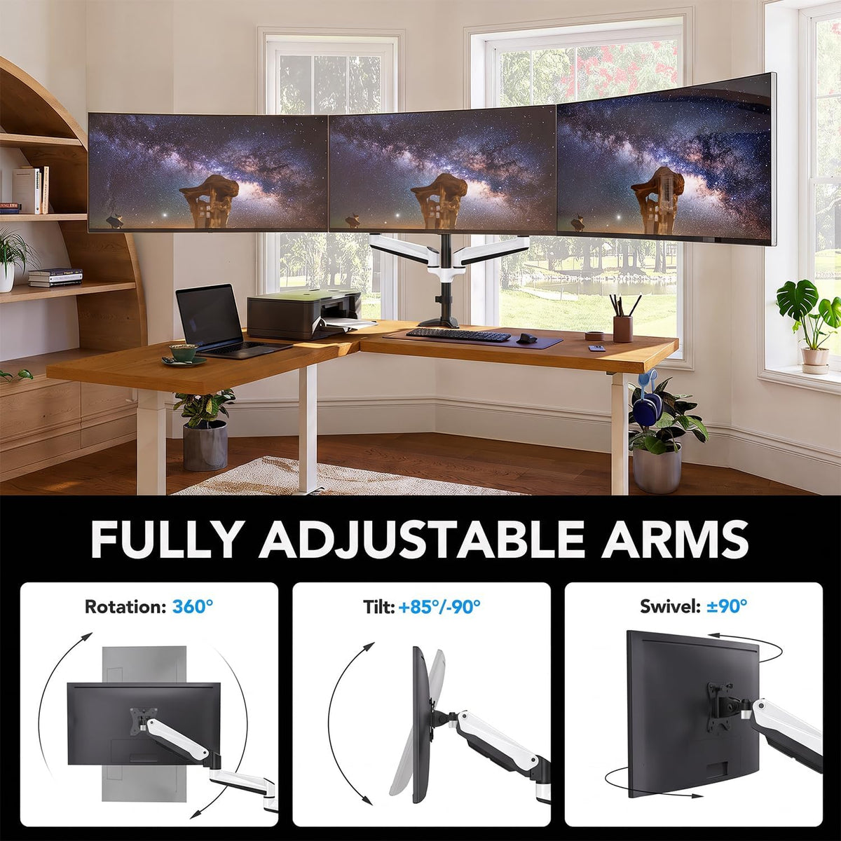 Triple Monitor Mount for 17 to 32 inch Screens, Adjustment Gaming Triple Monitor Stand with Swivel, Tilt, Rotation, Clamp & Grommet Kit