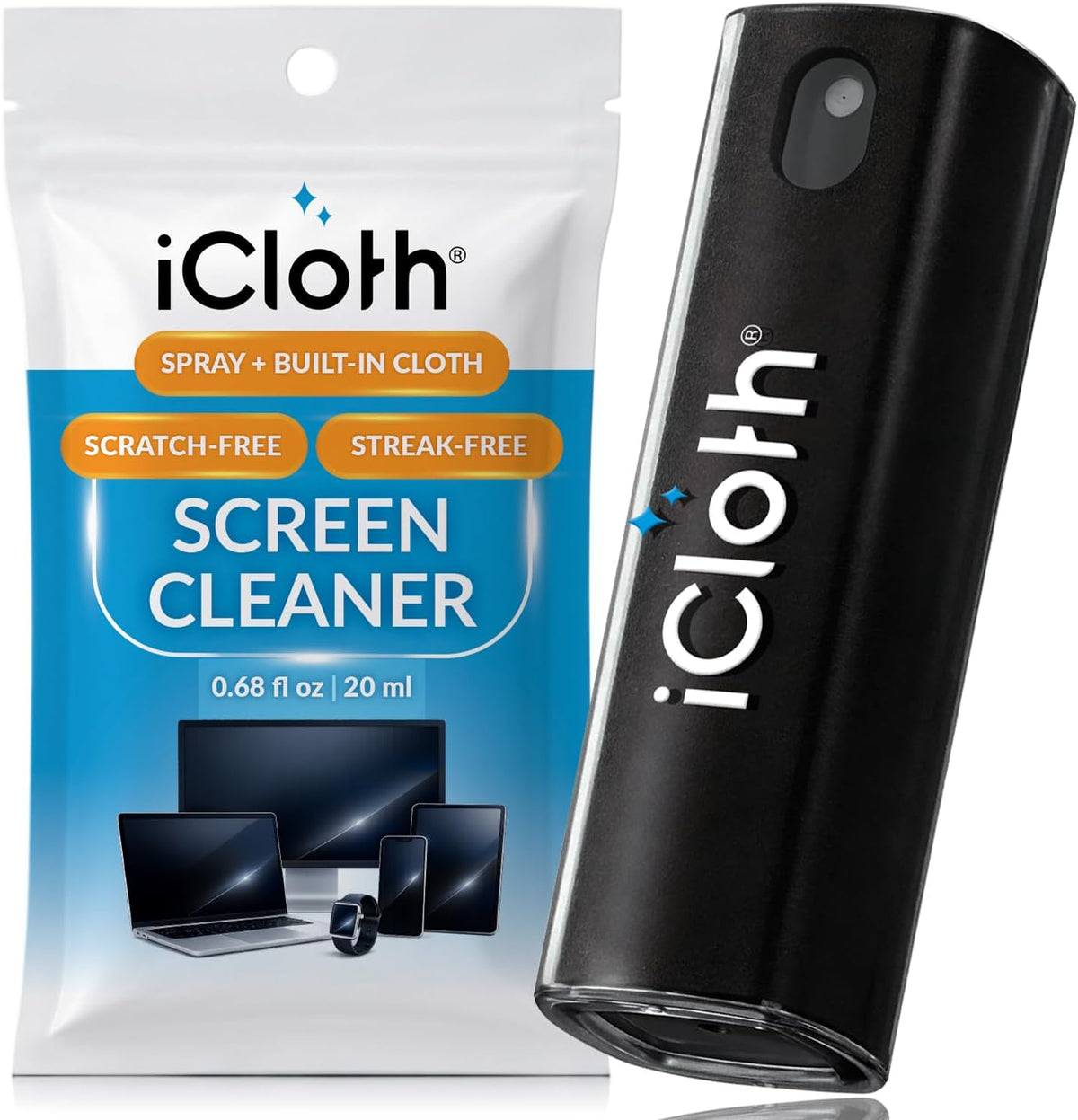 2-in-1 Screen Cleaner Spray with Built-in Microfiber Cloth for Laptops, Tablets, Phones, Car Screens, and Touchscreens, Streak-Free & Anti-Smudge, Large 0.68 fl oz (20ml) Bottle