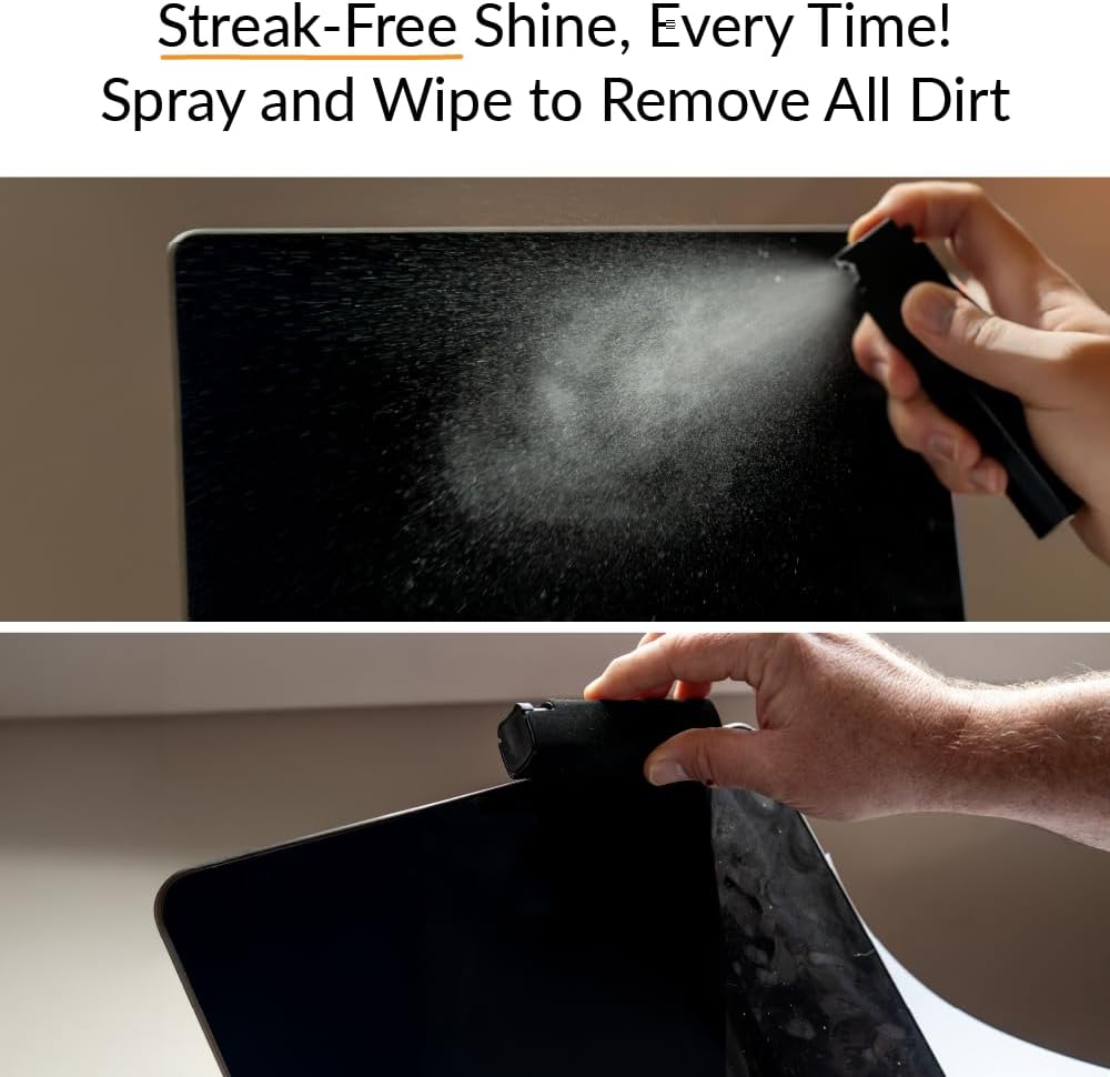 2-in-1 Screen Cleaner Spray with Built-in Microfiber Cloth for Laptops, Tablets, Phones, Car Screens, and Touchscreens, Streak-Free & Anti-Smudge, Large 0.68 fl oz (20ml) Bottle