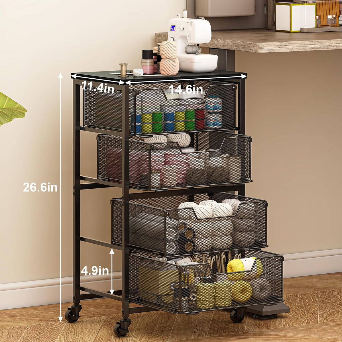 Rolling Cart with Drawers, 4-Drawer Storage Cart on Wheels with Wooden Top, Metal Utility Cart with Storage Drawers, Craft Storage Art Cart for Classroom, Office, Kitchen, Bedroom,Patent Pending