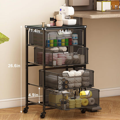 Rolling Cart with Drawers, 4-Drawer Storage Cart on Wheels with Wooden Top, Metal Utility Cart with Storage Drawers, Craft Storage Art Cart for Classroom, Office, Kitchen, Bedroom,Patent Pending