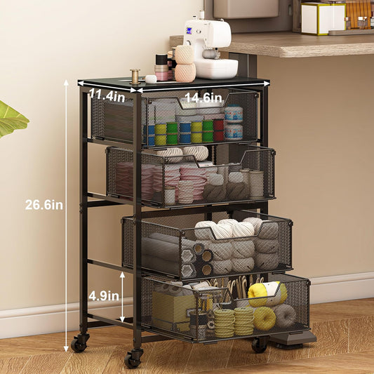 Rolling Cart with Drawers, 4-Drawer Storage Cart on Wheels with Wooden Top, Metal Utility Cart with Storage Drawers, Craft Storage Art Cart for Classroom, Office, Kitchen, Bedroom,Patent Pending
