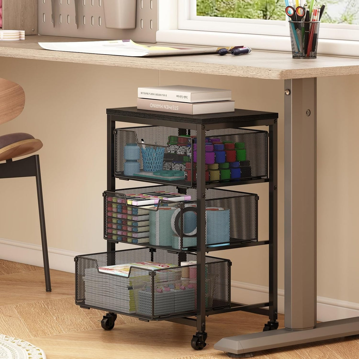 Rolling Cart with Drawers, 4-Drawer Storage Cart on Wheels with Wooden Top, Metal Utility Cart with Storage Drawers, Craft Storage Art Cart for Classroom, Office, Kitchen, Bedroom,Patent Pending