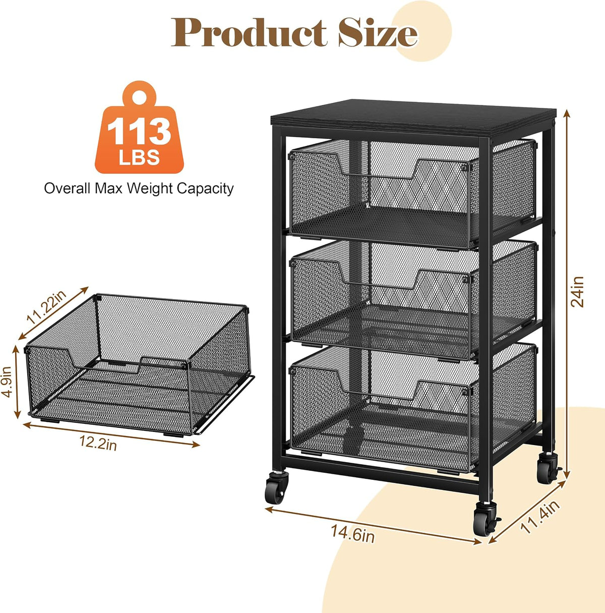 Rolling Cart with Drawers, 4-Drawer Storage Cart on Wheels with Wooden Top, Metal Utility Cart with Storage Drawers, Craft Storage Art Cart for Classroom, Office, Kitchen, Bedroom,Patent Pending