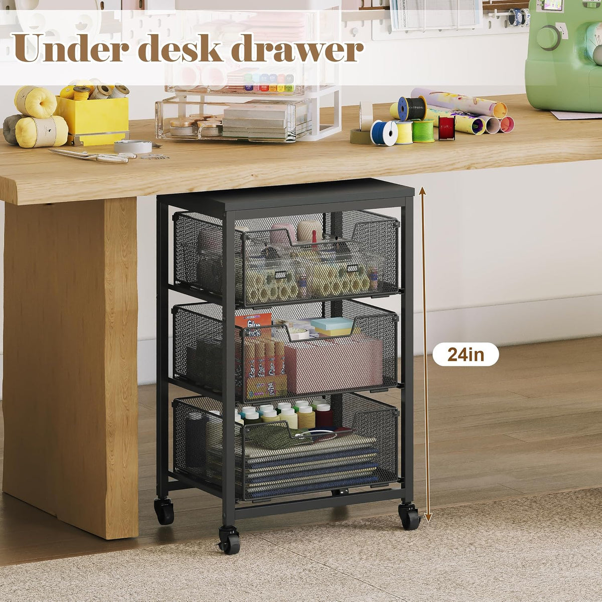 Rolling Cart with Drawers, 4-Drawer Storage Cart on Wheels with Wooden Top, Metal Utility Cart with Storage Drawers, Craft Storage Art Cart for Classroom, Office, Kitchen, Bedroom,Patent Pending