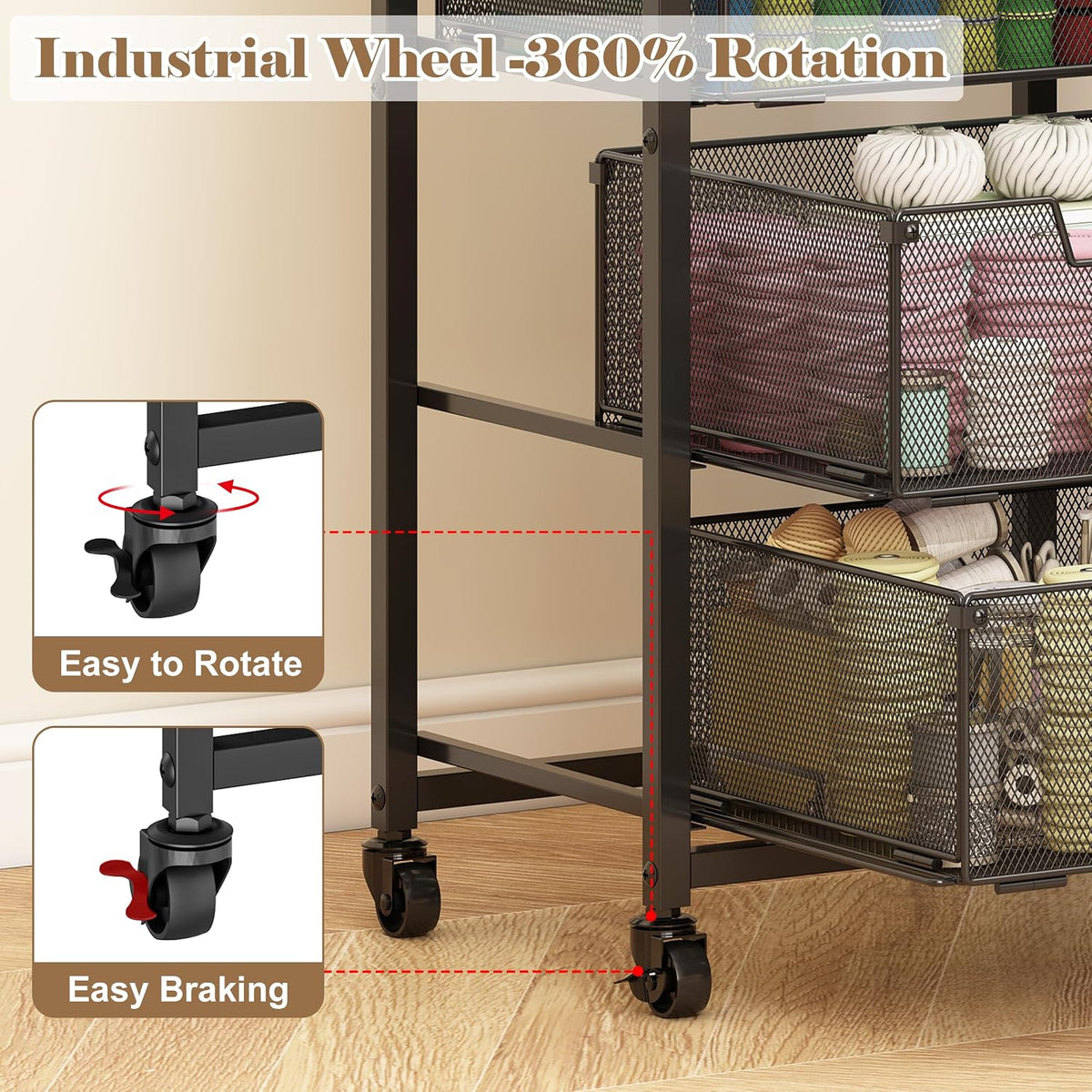 Rolling Cart with Drawers, 4-Drawer Storage Cart on Wheels with Wooden Top, Metal Utility Cart with Storage Drawers, Craft Storage Art Cart for Classroom, Office, Kitchen, Bedroom,Patent Pending