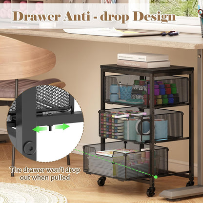 Rolling Cart with Drawers, 4-Drawer Storage Cart on Wheels with Wooden Top, Metal Utility Cart with Storage Drawers, Craft Storage Art Cart for Classroom, Office, Kitchen, Bedroom,Patent Pending