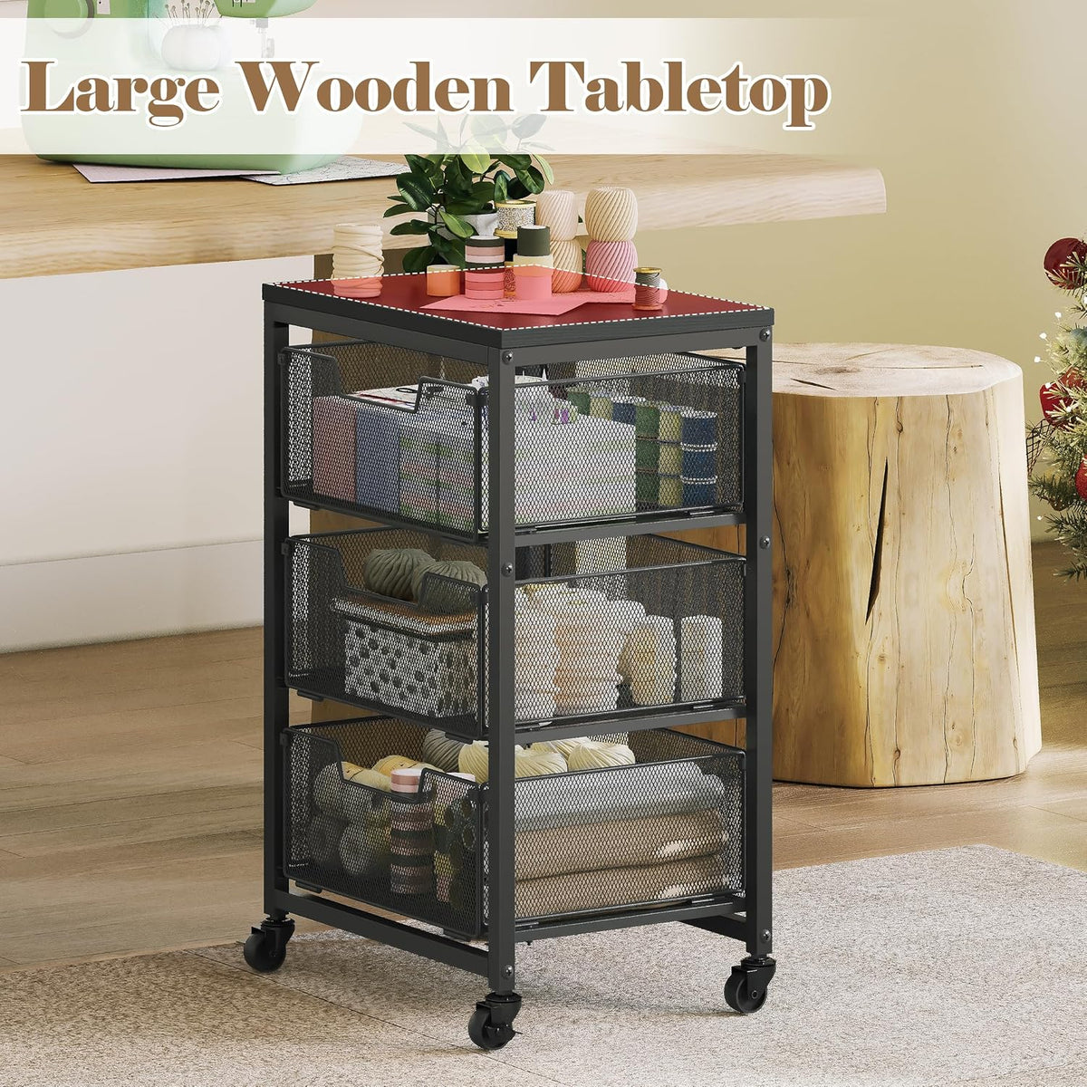 Rolling Cart with Drawers, 4-Drawer Storage Cart on Wheels with Wooden Top, Metal Utility Cart with Storage Drawers, Craft Storage Art Cart for Classroom, Office, Kitchen, Bedroom,Patent Pending