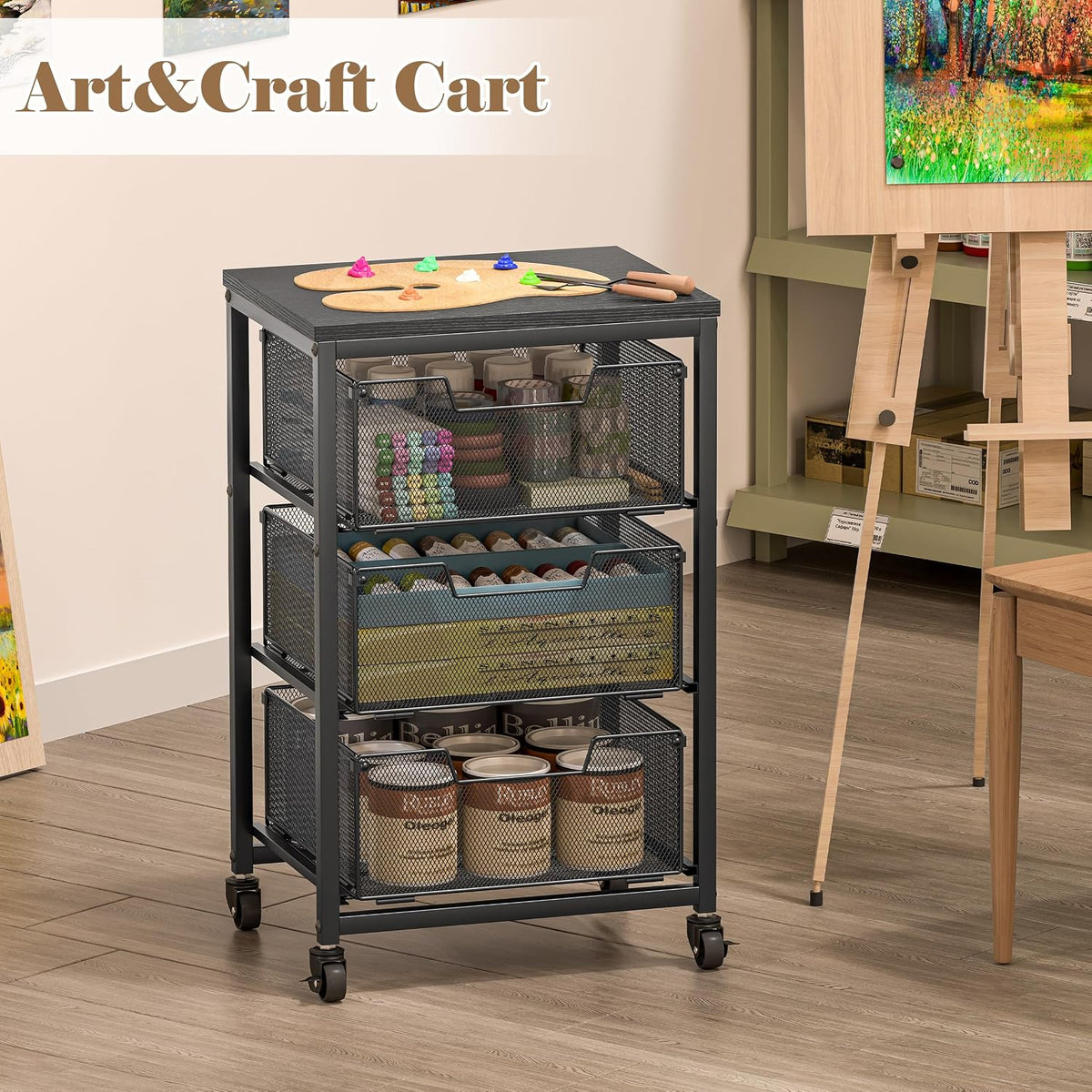 Rolling Cart with Drawers, 4-Drawer Storage Cart on Wheels with Wooden Top, Metal Utility Cart with Storage Drawers, Craft Storage Art Cart for Classroom, Office, Kitchen, Bedroom,Patent Pending