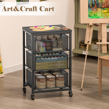 Rolling Cart with Drawers, 4-Drawer Storage Cart on Wheels with Wooden Top, Metal Utility Cart with Storage Drawers, Craft Storage Art Cart for Classroom, Office, Kitchen, Bedroom,Patent Pending