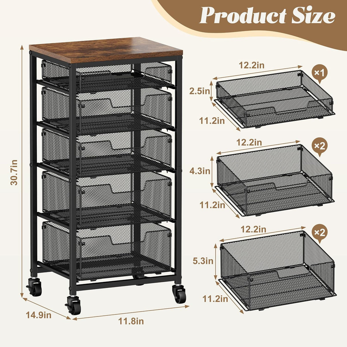Rolling Cart with Drawers, 4-Drawer Storage Cart on Wheels with Wooden Top, Metal Utility Cart with Storage Drawers, Craft Storage Art Cart for Classroom, Office, Kitchen, Bedroom,Patent Pending