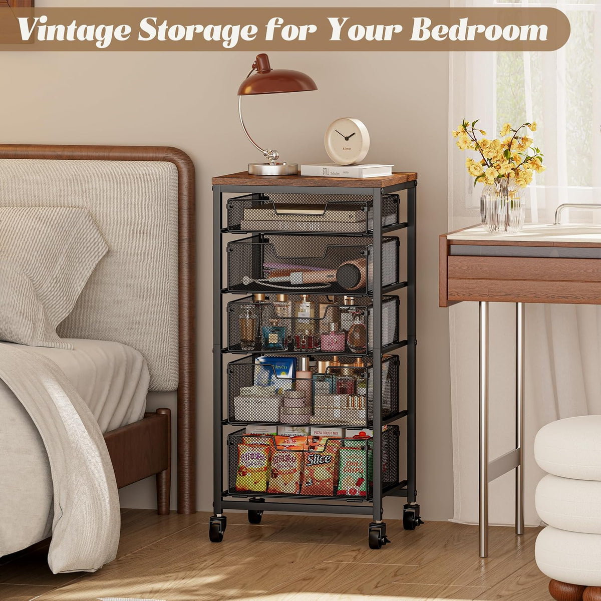 Rolling Cart with Drawers, 4-Drawer Storage Cart on Wheels with Wooden Top, Metal Utility Cart with Storage Drawers, Craft Storage Art Cart for Classroom, Office, Kitchen, Bedroom,Patent Pending