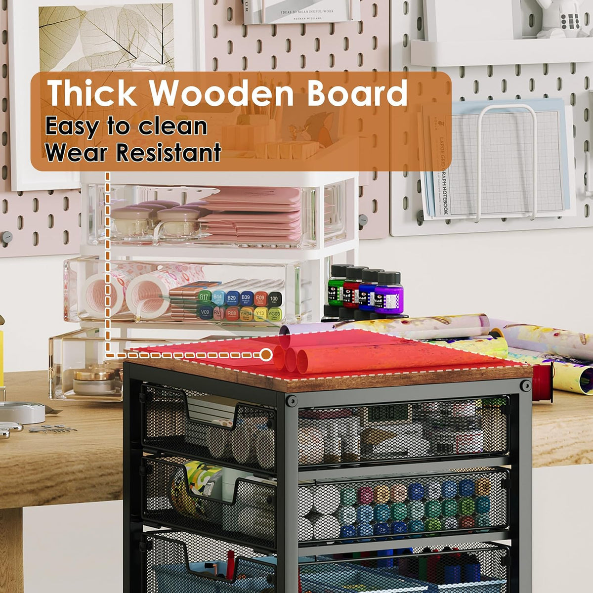 Rolling Cart with Drawers, 4-Drawer Storage Cart on Wheels with Wooden Top, Metal Utility Cart with Storage Drawers, Craft Storage Art Cart for Classroom, Office, Kitchen, Bedroom,Patent Pending