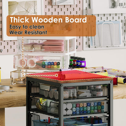 Rolling Cart with Drawers, 4-Drawer Storage Cart on Wheels with Wooden Top, Metal Utility Cart with Storage Drawers, Craft Storage Art Cart for Classroom, Office, Kitchen, Bedroom,Patent Pending