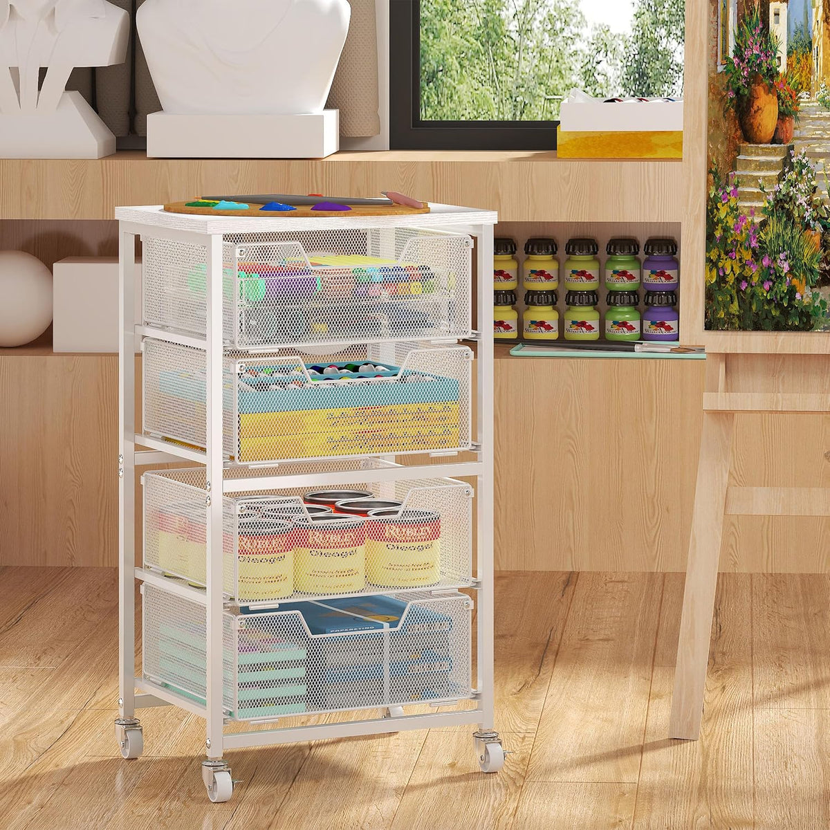 Rolling Cart with Drawers, 4-Drawer Storage Cart on Wheels with Wooden Top, Metal Utility Cart with Storage Drawers, Craft Storage Art Cart for Classroom, Office, Kitchen, Bedroom,Patent Pending