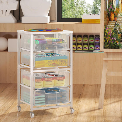 Rolling Cart with Drawers, 4-Drawer Storage Cart on Wheels with Wooden Top, Metal Utility Cart with Storage Drawers, Craft Storage Art Cart for Classroom, Office, Kitchen, Bedroom,Patent Pending