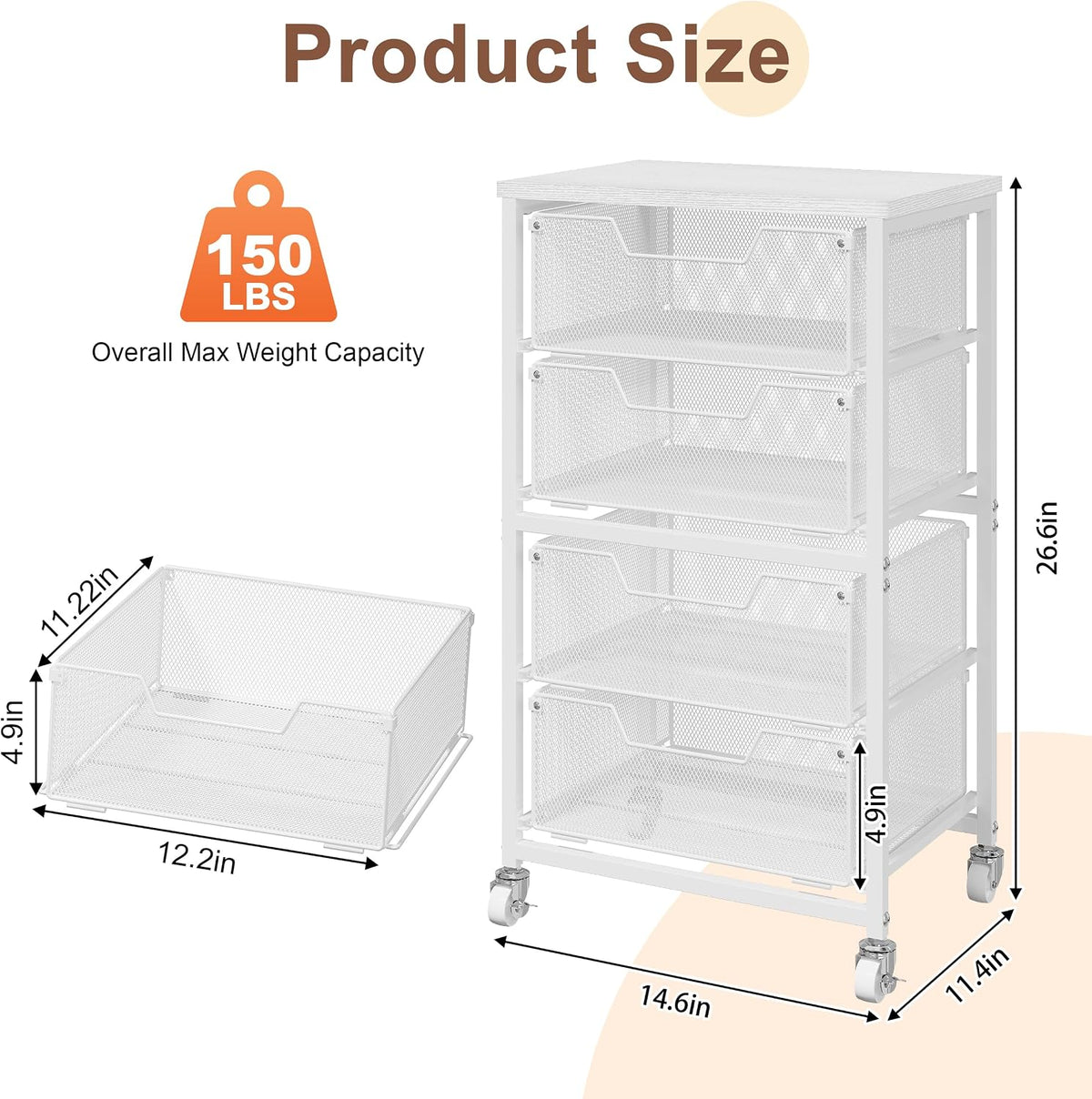 Rolling Cart with Drawers, 4-Drawer Storage Cart on Wheels with Wooden Top, Metal Utility Cart with Storage Drawers, Craft Storage Art Cart for Classroom, Office, Kitchen, Bedroom,Patent Pending
