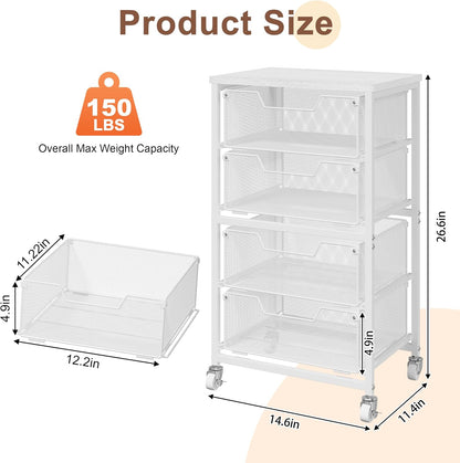 Rolling Cart with Drawers, 4-Drawer Storage Cart on Wheels with Wooden Top, Metal Utility Cart with Storage Drawers, Craft Storage Art Cart for Classroom, Office, Kitchen, Bedroom,Patent Pending