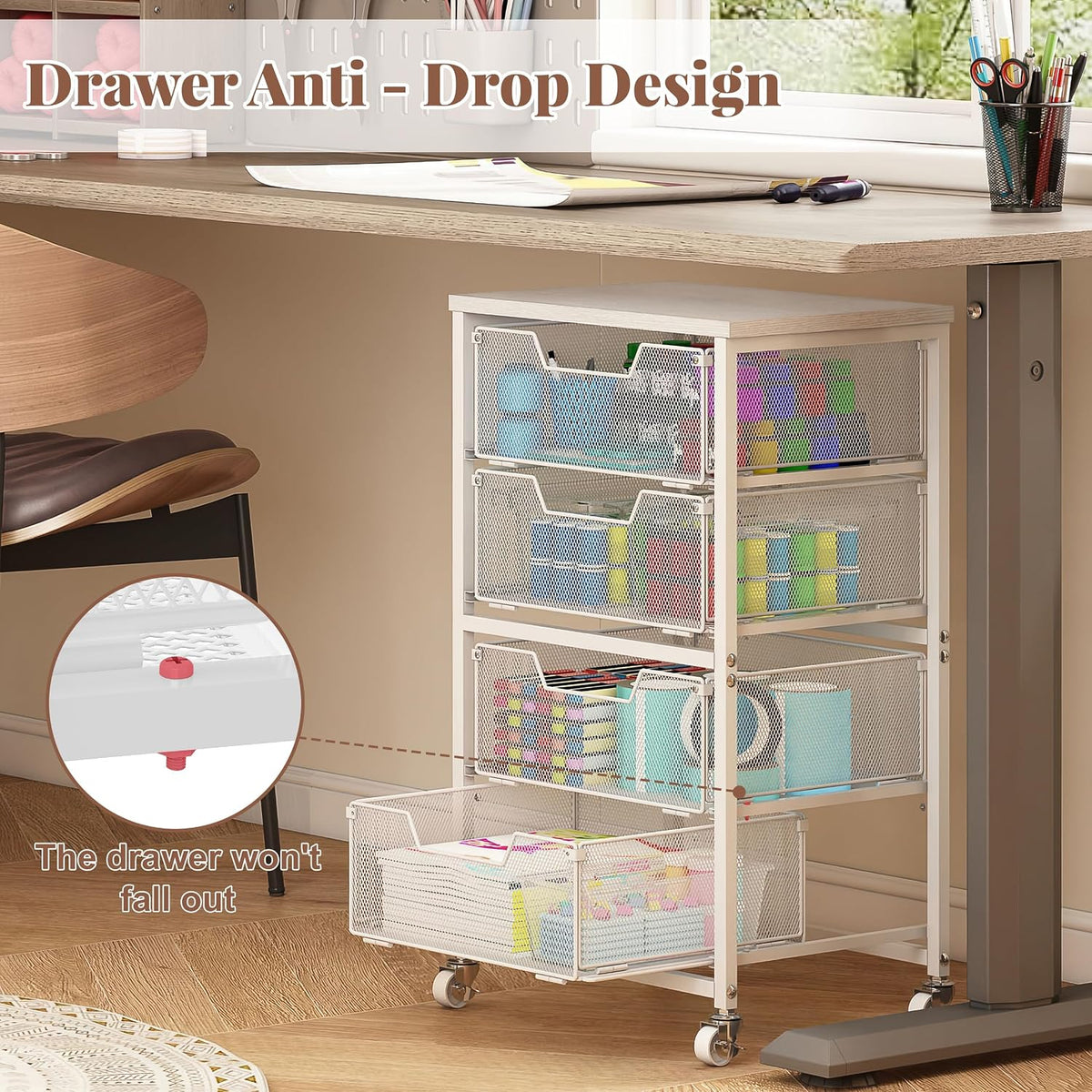 Rolling Cart with Drawers, 4-Drawer Storage Cart on Wheels with Wooden Top, Metal Utility Cart with Storage Drawers, Craft Storage Art Cart for Classroom, Office, Kitchen, Bedroom,Patent Pending