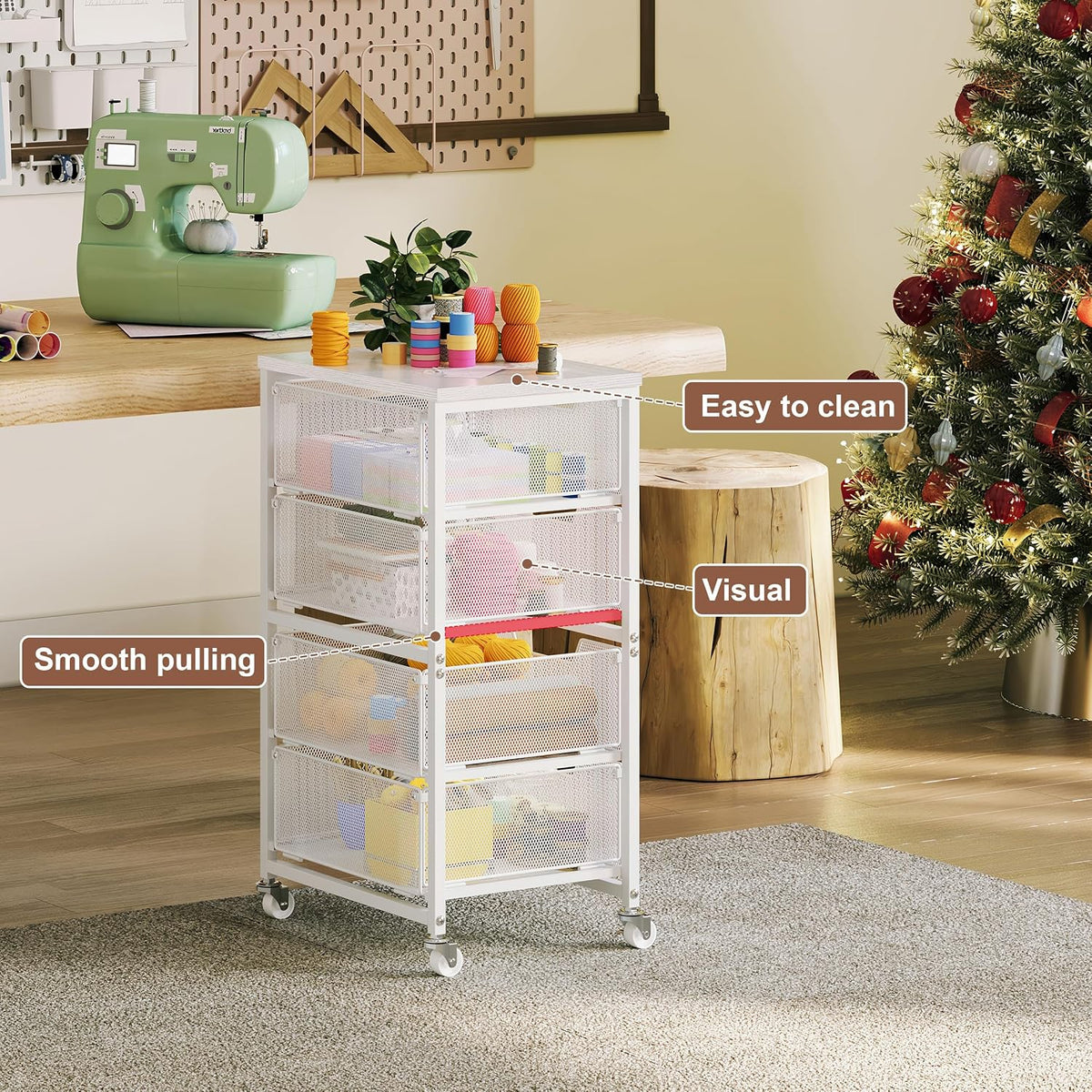 Rolling Cart with Drawers, 4-Drawer Storage Cart on Wheels with Wooden Top, Metal Utility Cart with Storage Drawers, Craft Storage Art Cart for Classroom, Office, Kitchen, Bedroom,Patent Pending