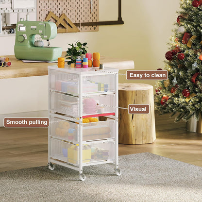 Rolling Cart with Drawers, 4-Drawer Storage Cart on Wheels with Wooden Top, Metal Utility Cart with Storage Drawers, Craft Storage Art Cart for Classroom, Office, Kitchen, Bedroom,Patent Pending