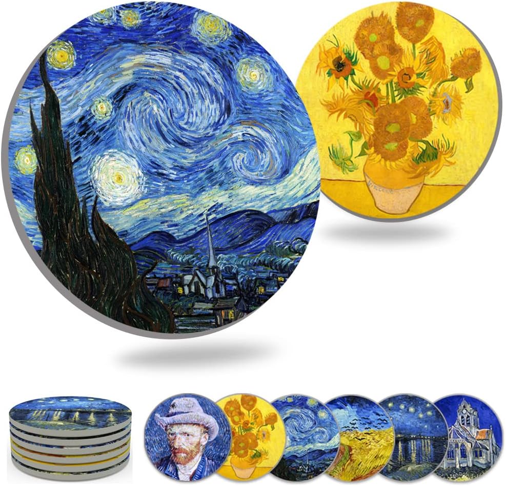 Coasters for Drinks Van Gogh Art Ceramic Coasters - Use 2 Famous Van Gogh Paintings, Unique Housewarming Gifts for New Home Decorative