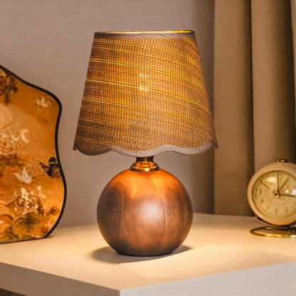 11.4" Boho Wooden Small Table Lamp with Scalloped Wavy Shade