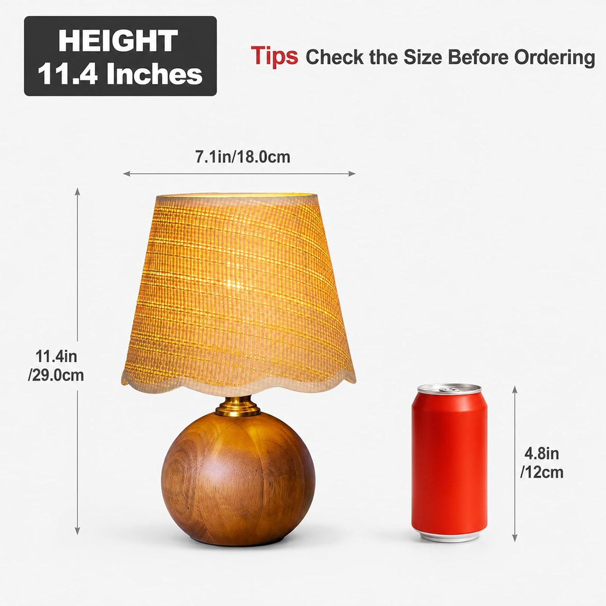 11.4" Boho Wooden Small Table Lamp with Scalloped Wavy Shade