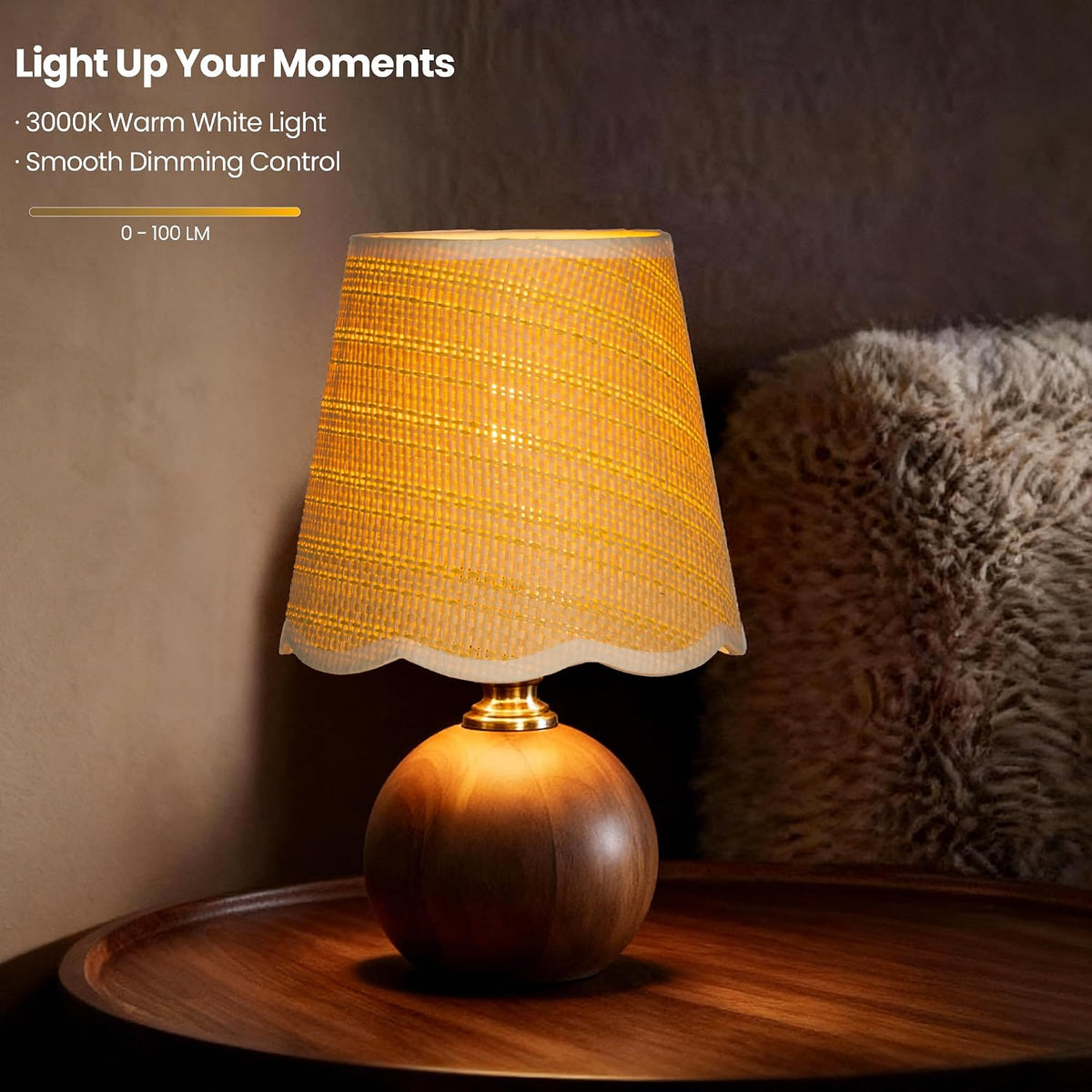 11.4" Boho Wooden Small Table Lamp with Scalloped Wavy Shade