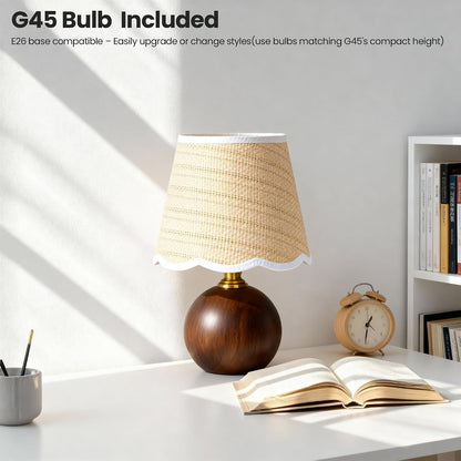 11.4" Boho Wooden Small Table Lamp with Scalloped Wavy Shade