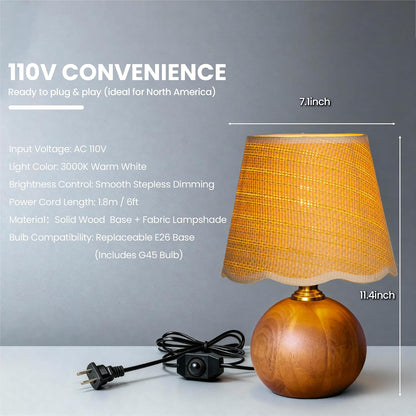 11.4" Boho Wooden Small Table Lamp with Scalloped Wavy Shade