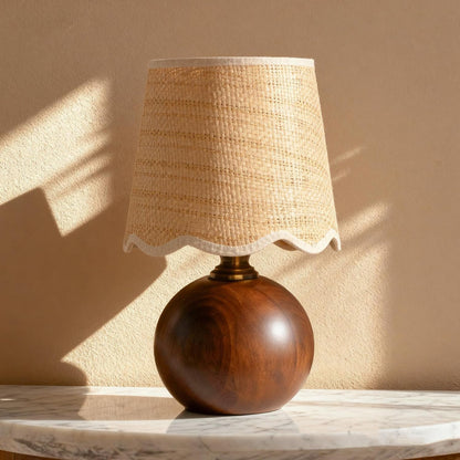 11.4" Boho Wooden Small Table Lamp with Scalloped Wavy Shade