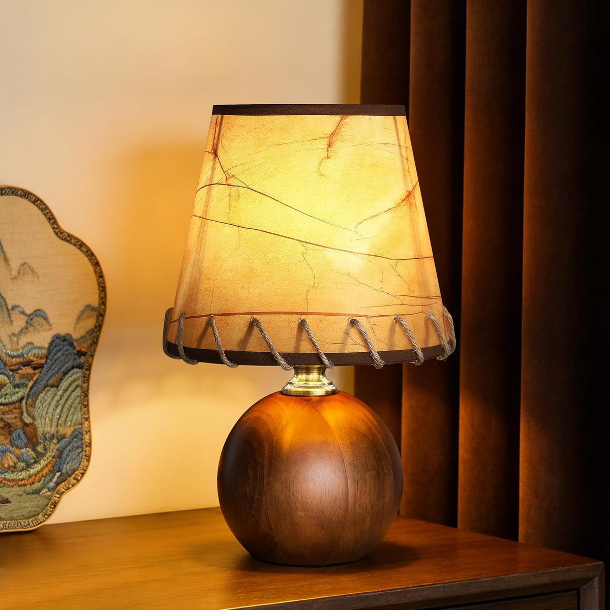 11.4" Boho Wooden Small Table Lamp with Scalloped Wavy Shade