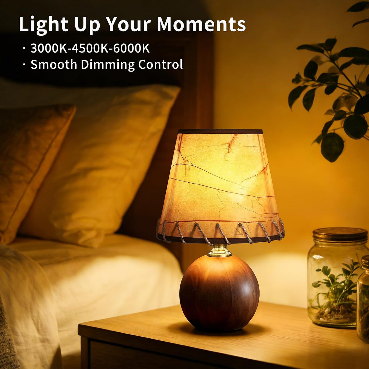 11.4" Boho Wooden Small Table Lamp with Scalloped Wavy Shade