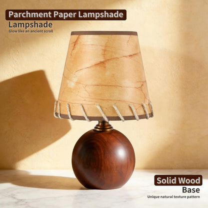 11.4" Boho Wooden Small Table Lamp with Scalloped Wavy Shade