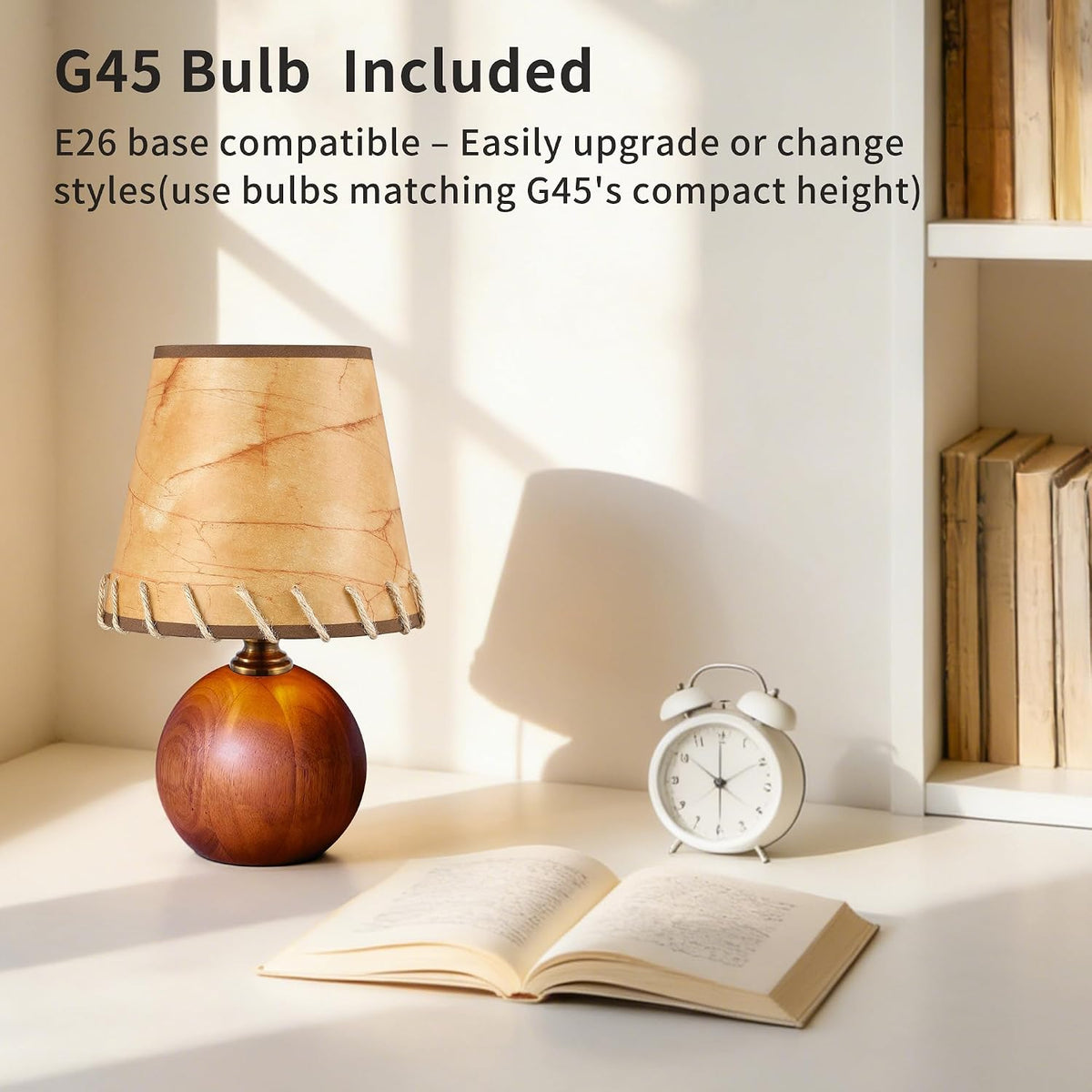 11.4" Boho Wooden Small Table Lamp with Scalloped Wavy Shade